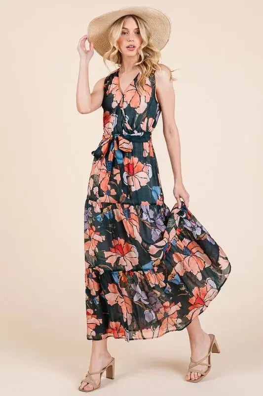 Lime 'N' Chili Floral Print Sleeveless Tie Waist Maxi Dress - Love Salve